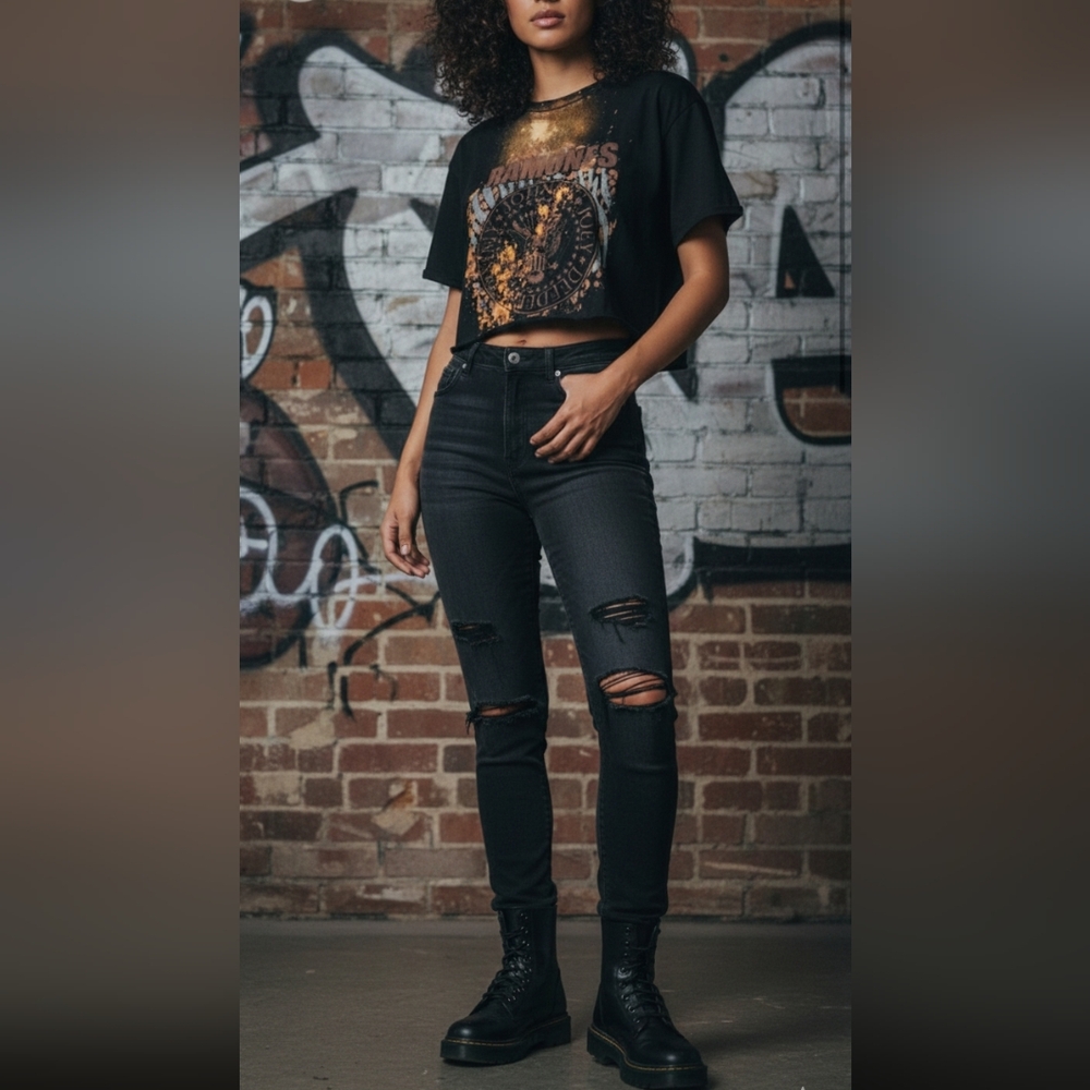Ramones Oversized Crop Band Tee Y2K Grunge Vintage Style Graphic Punk Rock 90s